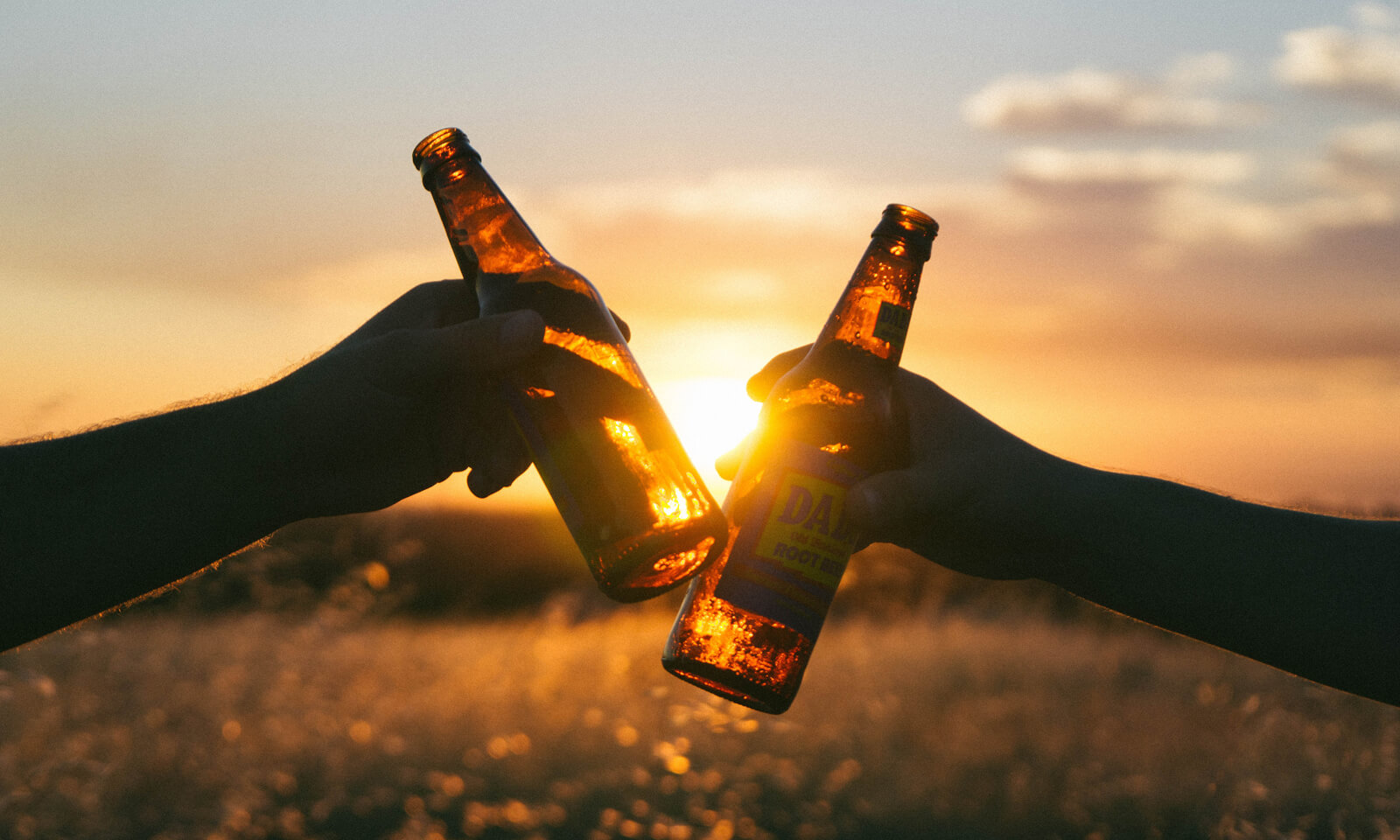 beer bottles clinking together in front of sunset
