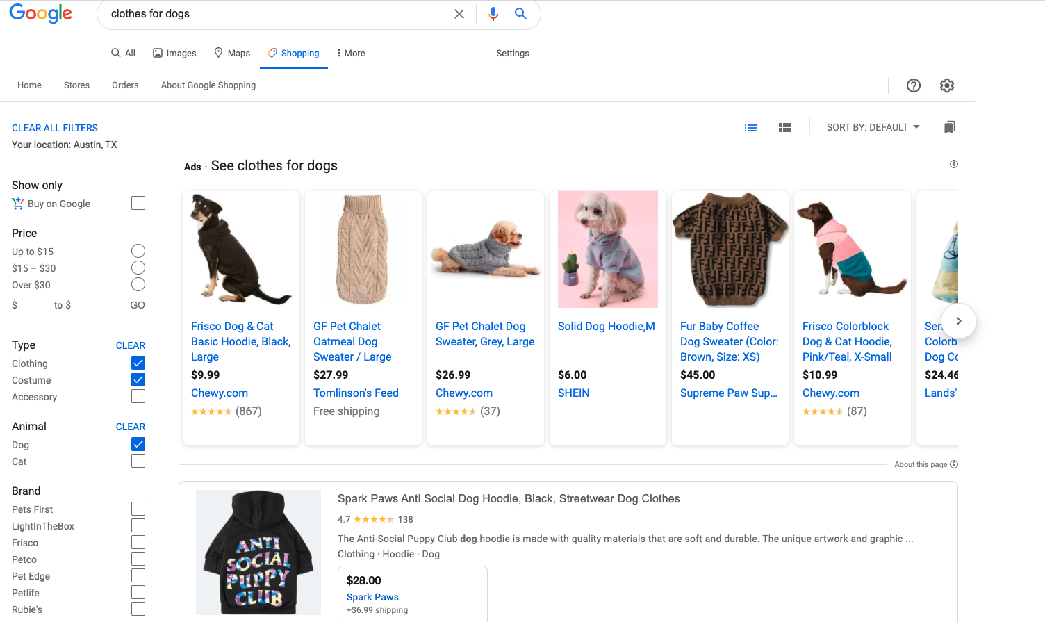 Screenshot of Google Shopping filters.