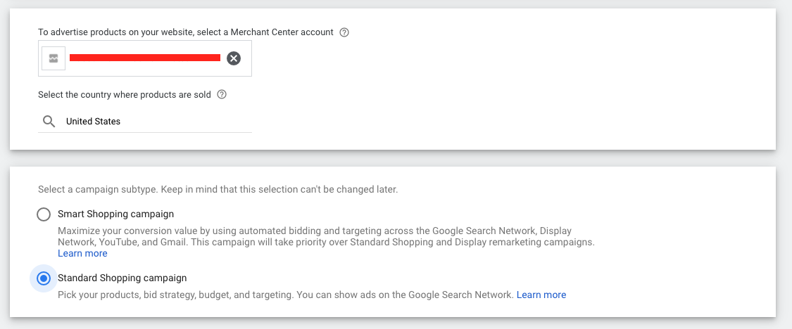 Screenshot of Google Shopping Campaign subtypes.