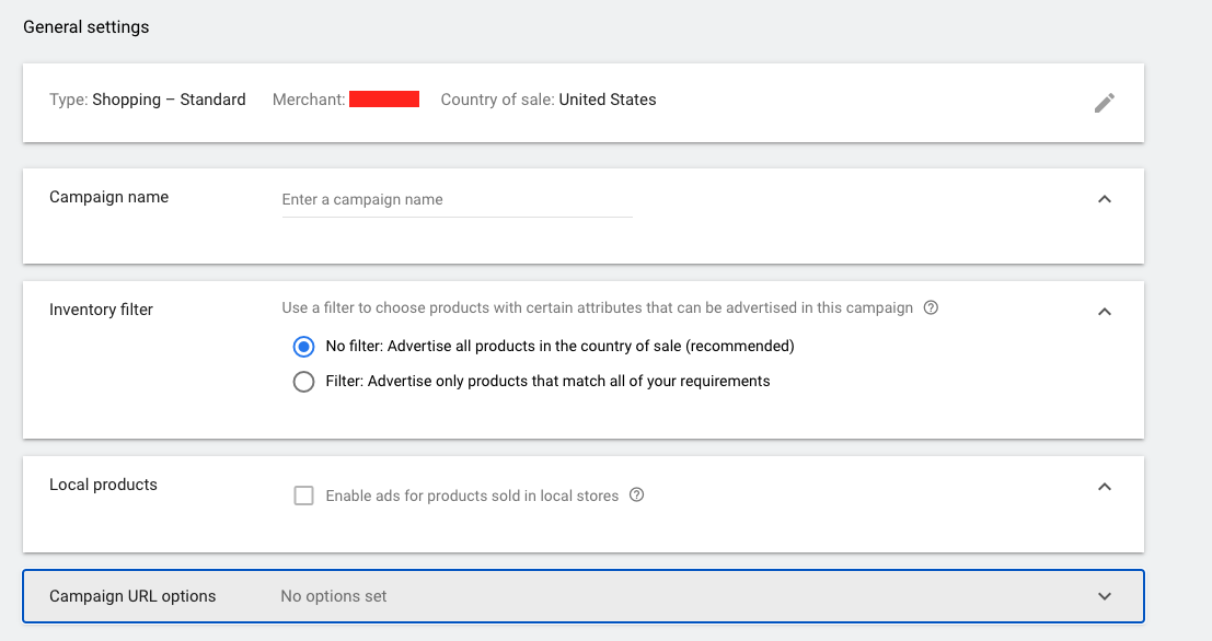 Screenshot of Google Shopping Campaign general settings.